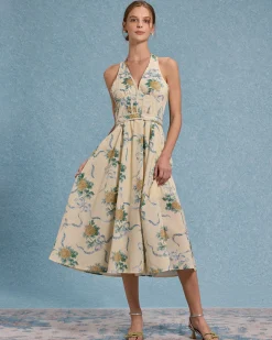 Yellow Floral Strapless Midi Dress