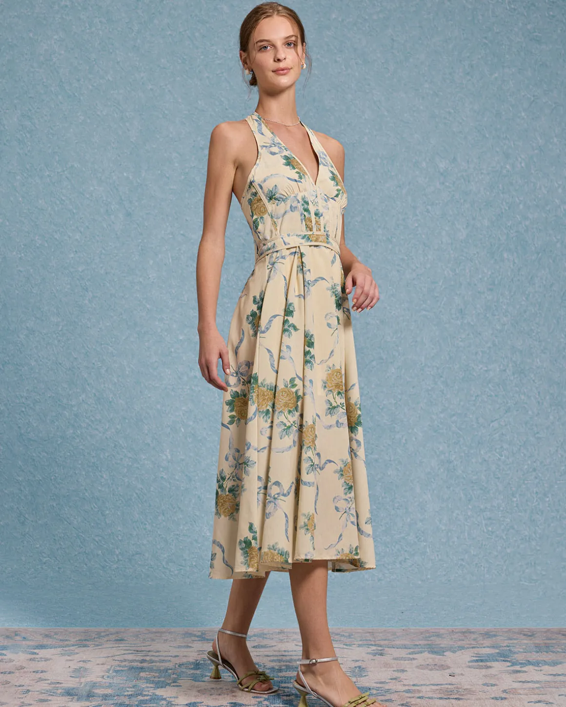 Yellow Floral Strapless Midi Dress