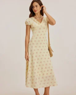 Yellow Floral V Neck Puffed Sleeve Maxi Dress
