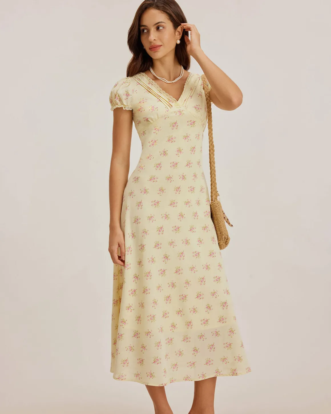 Yellow Floral V Neck Puffed Sleeve Maxi Dress