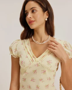 Yellow Floral V Neck Puffed Sleeve Maxi Dress
