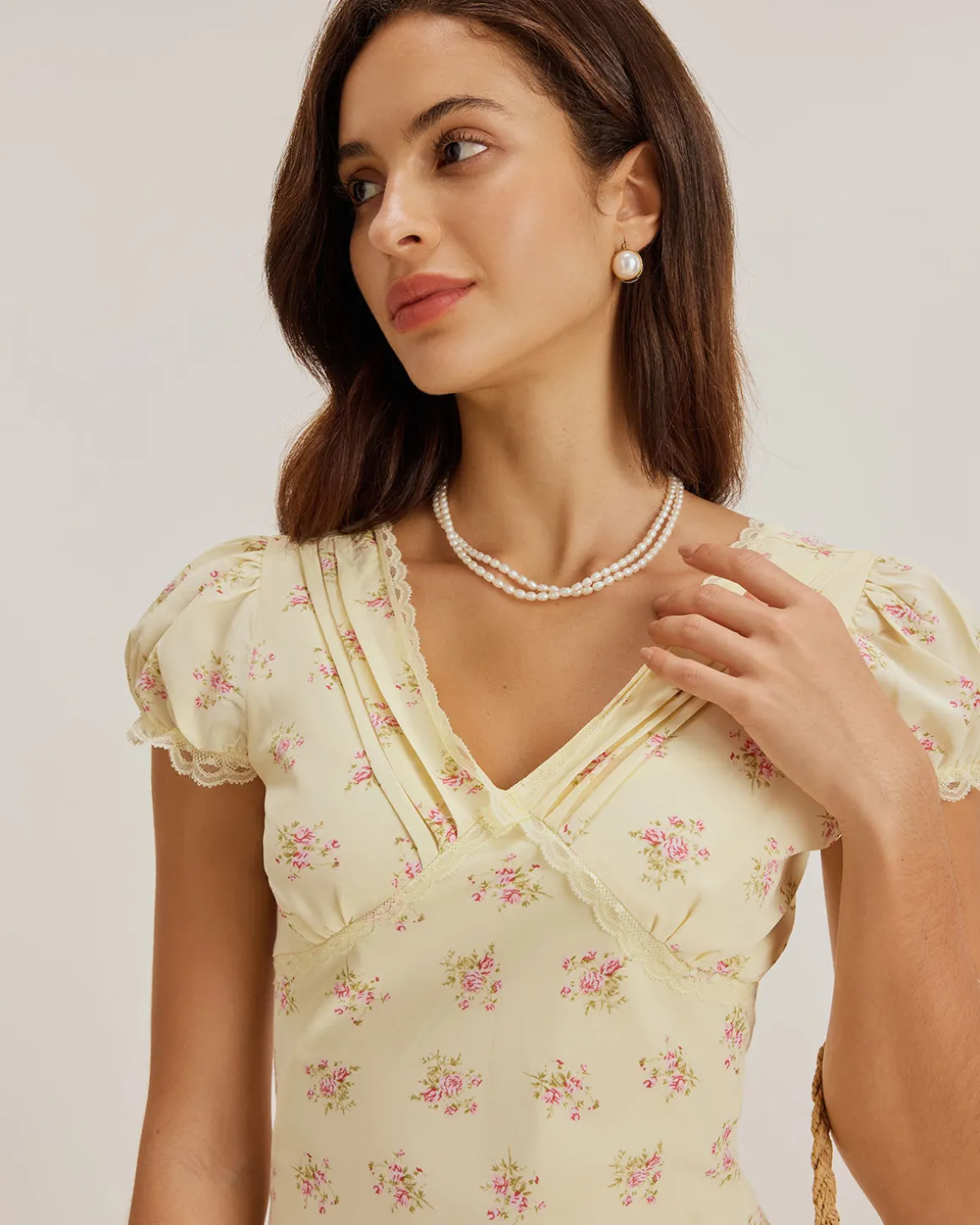 Yellow Floral V Neck Puffed Sleeve Maxi Dress