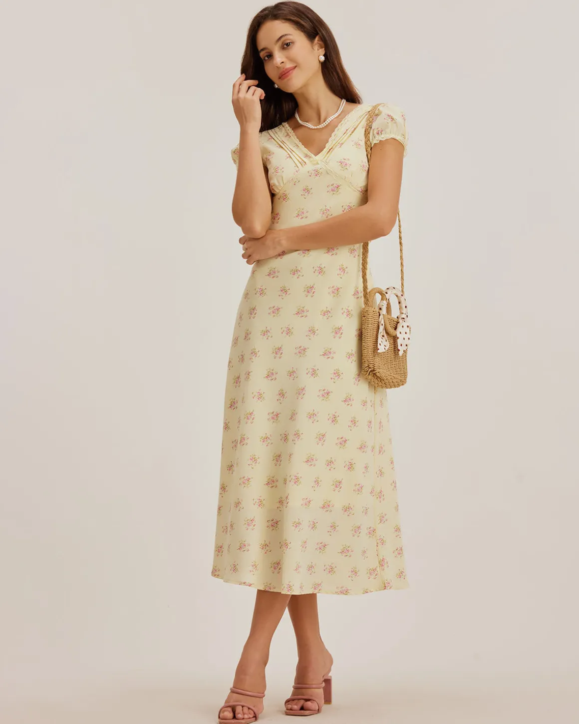 Yellow Floral V Neck Puffed Sleeve Maxi Dress