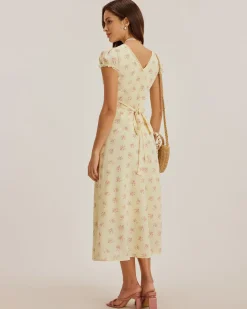 Yellow Floral V Neck Puffed Sleeve Maxi Dress
