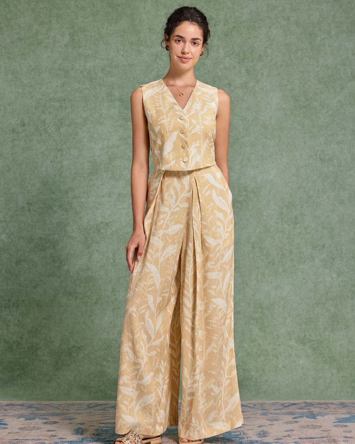 Yellow Floral V Neck Vest