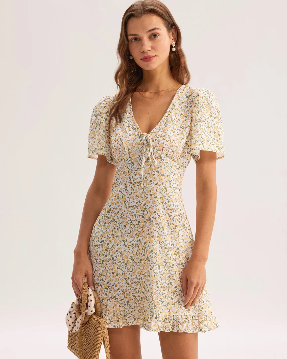 Yellow Floral V-Neck Mini Dress