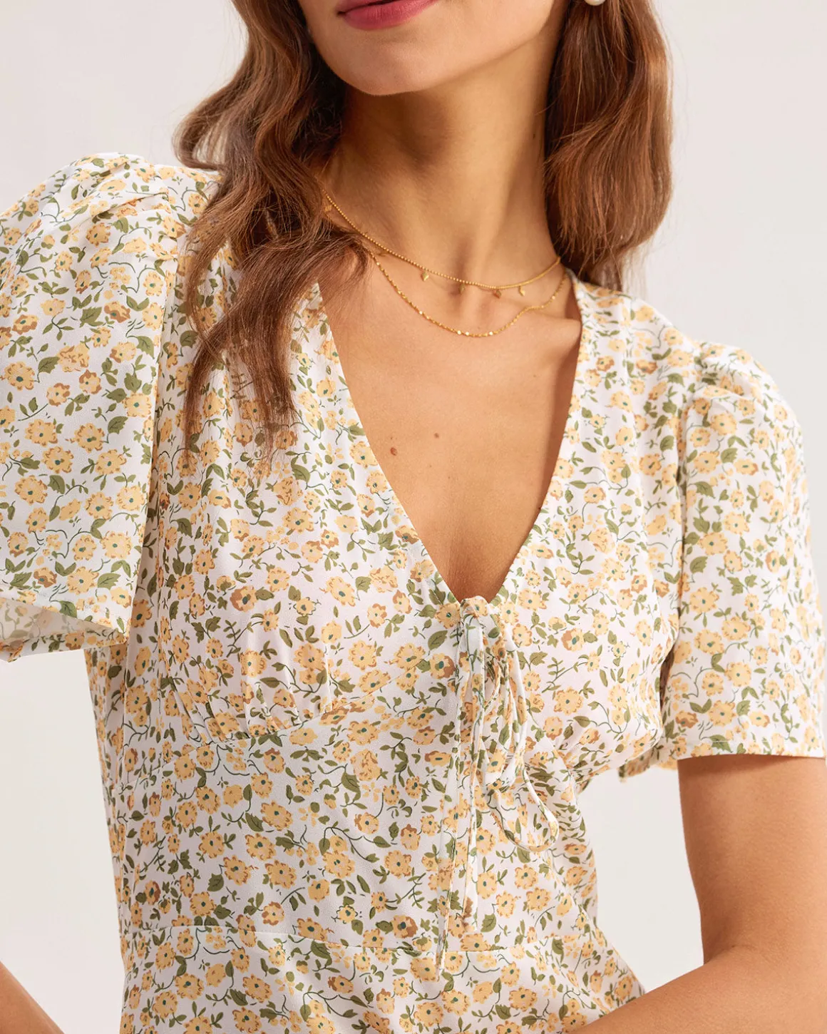 Yellow Floral V-Neck Mini Dress