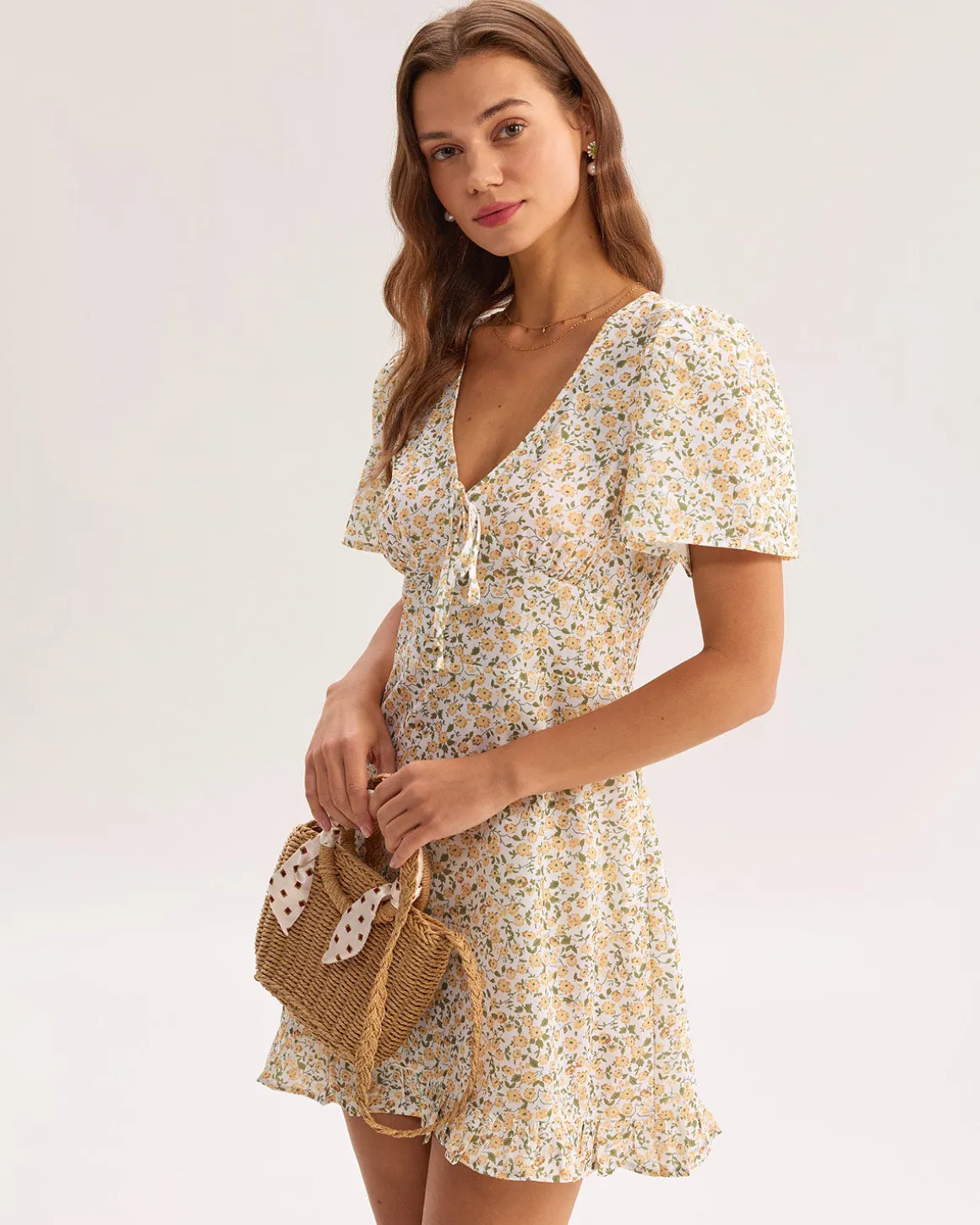 Yellow Floral V-Neck Mini Dress