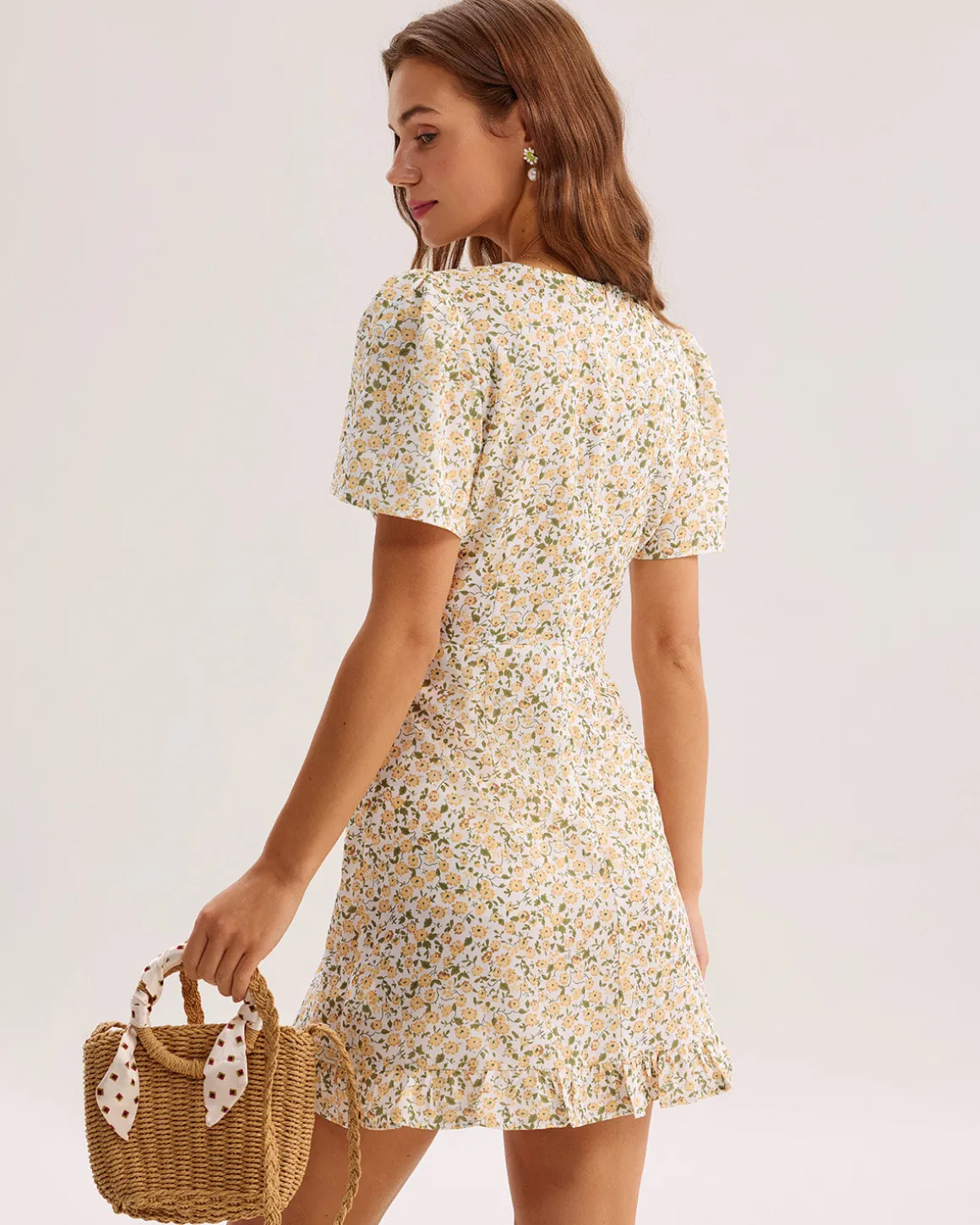 Yellow Floral V-Neck Mini Dress