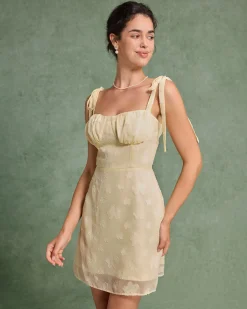 Yellow Jacquard Tie Strap Mini Dress