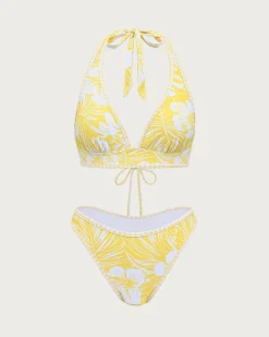 Yellow Knit Tropical Print Bikini Set