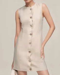 Yellow Round Neck Button Sleeveless Mini Dress