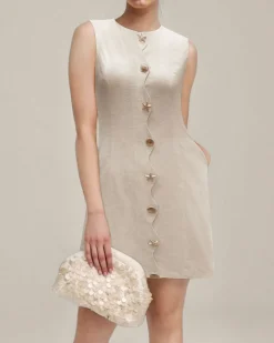 Yellow Round Neck Button Sleeveless Mini Dress
