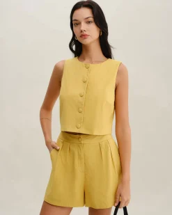 Yellow Round Neck Button Vest