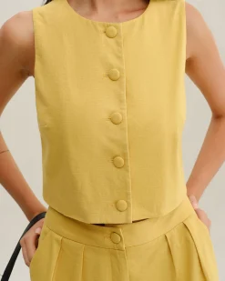 Yellow Round Neck Button Vest