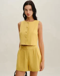 Yellow Round Neck Button Vest