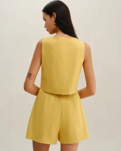 Yellow Round Neck Button Vest