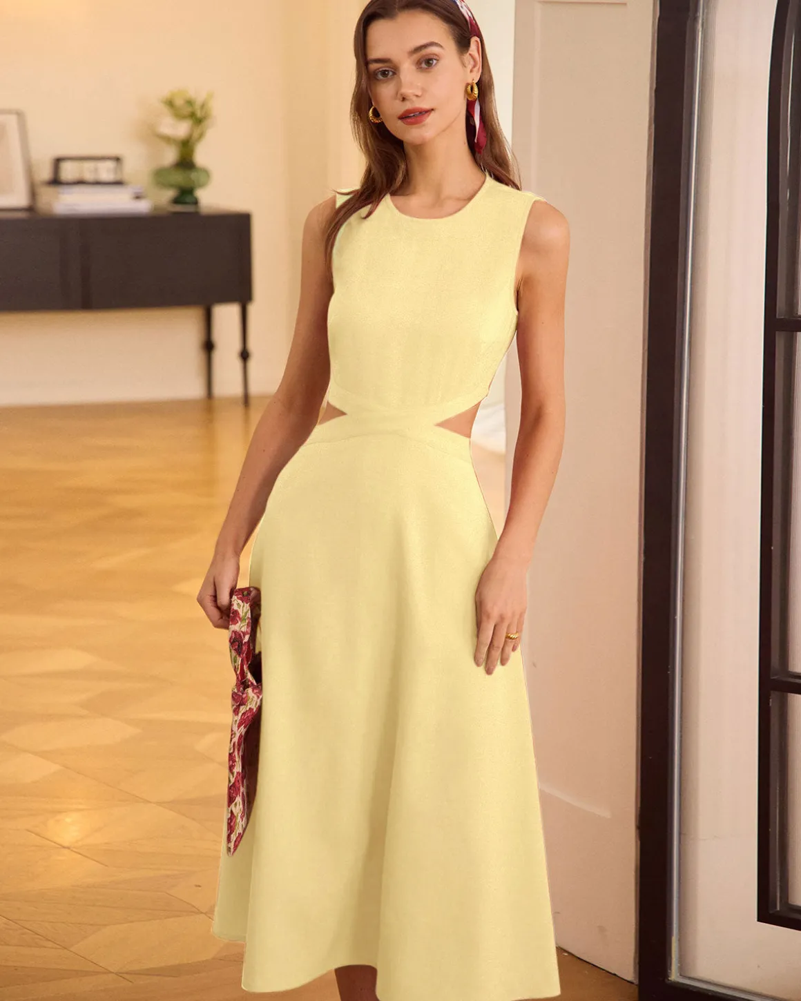 Yellow Round Neck Cut-Out Midi Dress