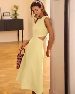Yellow Round Neck Cut-Out Midi Dress