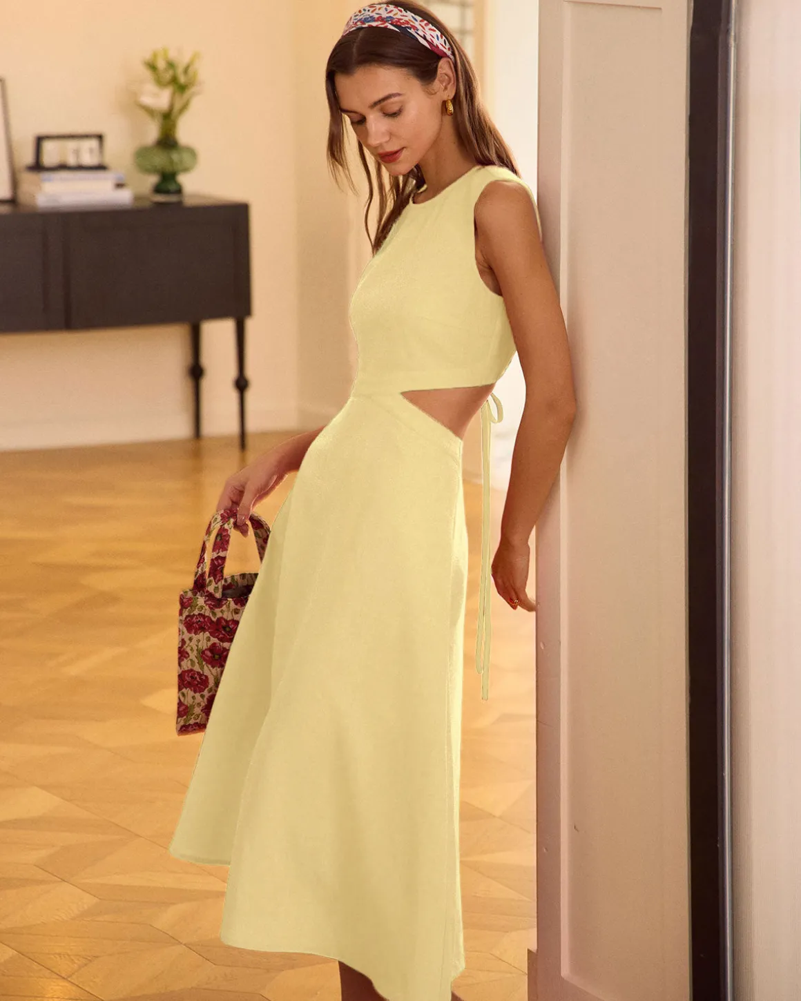 Yellow Round Neck Cut-Out Midi Dress