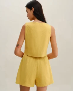 Yellow Ruched Button Shorts