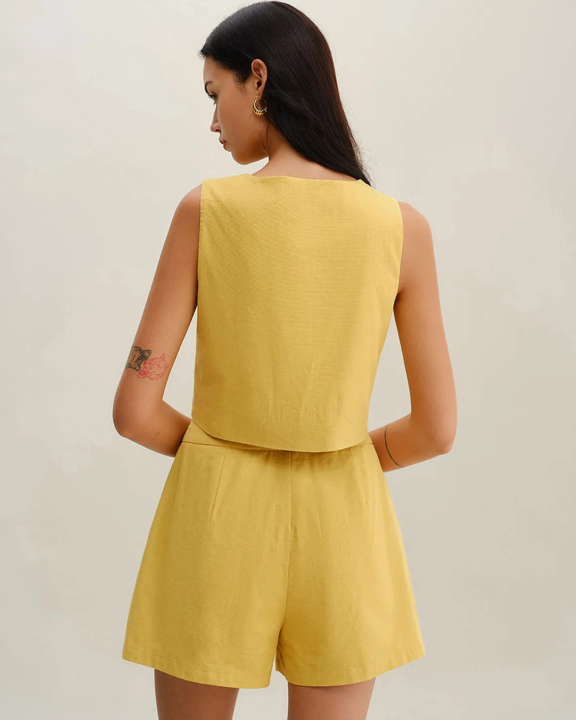 Yellow Ruched Button Shorts
