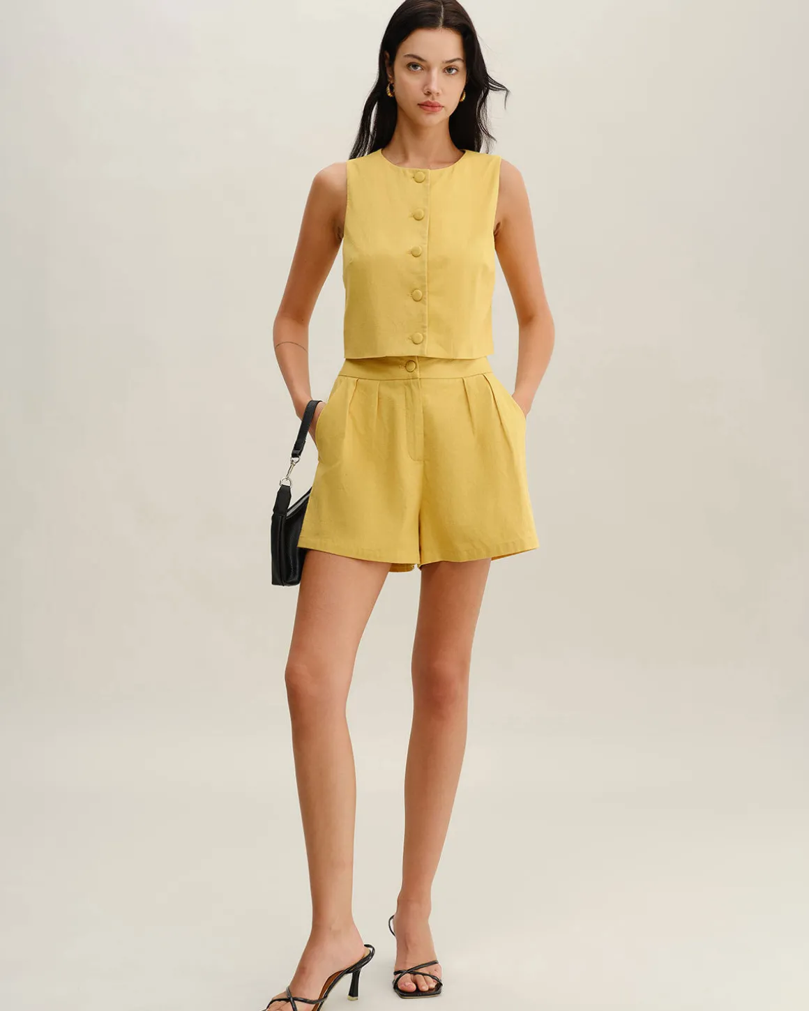 Yellow Ruched Button Shorts