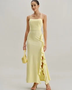 Yellow Ruffle Backless Slit Slip Maxi Dress