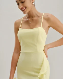 Yellow Ruffle Backless Slit Slip Maxi Dress