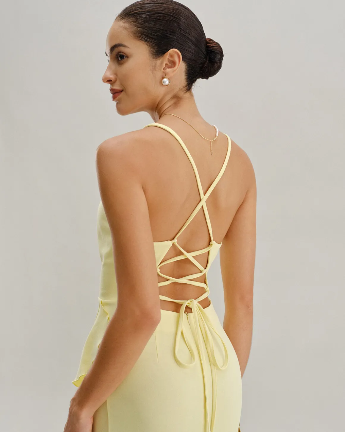 Yellow Ruffle Backless Slit Slip Maxi Dress