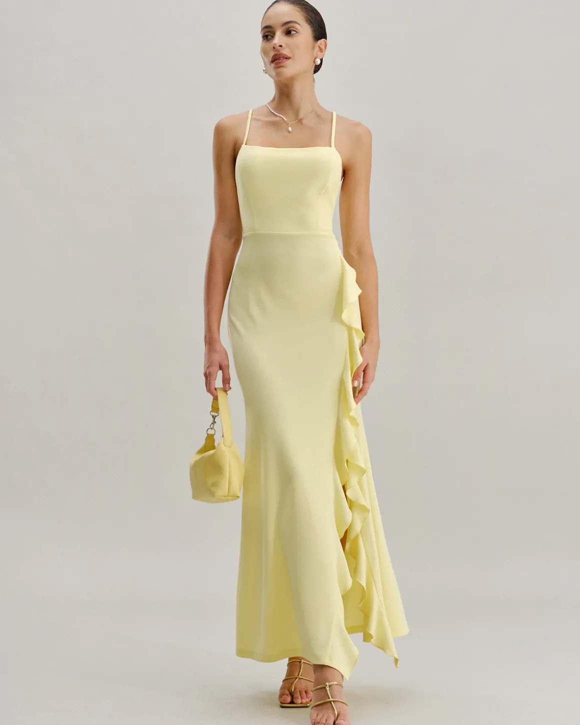 Yellow Ruffle Backless Slit Slip Maxi Dress
