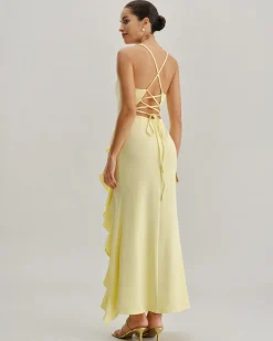 Yellow Ruffle Backless Slit Slip Maxi Dress