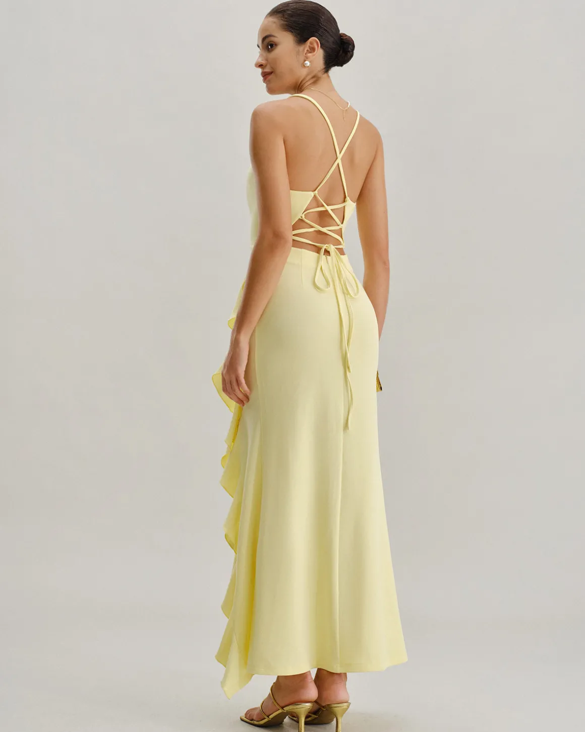 Yellow Ruffle Backless Slit Slip Maxi Dress