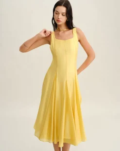 Yellow Square Neck Pleated Slip Midi Dress