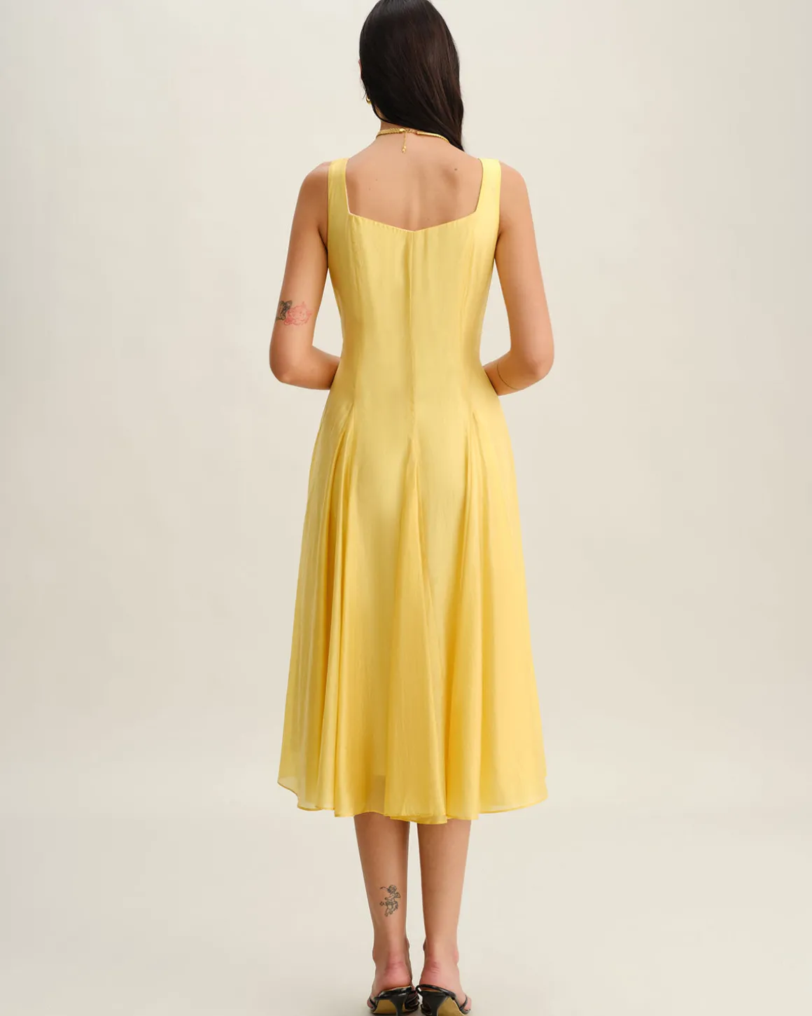 Yellow Square Neck Pleated Slip Midi Dress