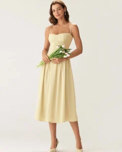 Yellow Square Neck Pocket Slip Midi Dress