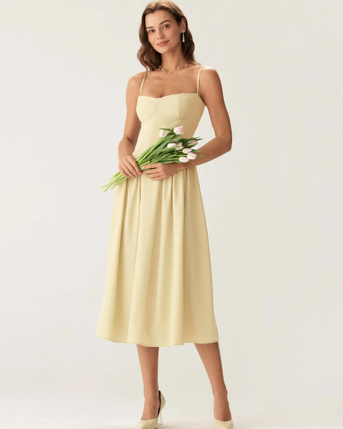 Yellow Square Neck Pocket Slip Midi Dress
