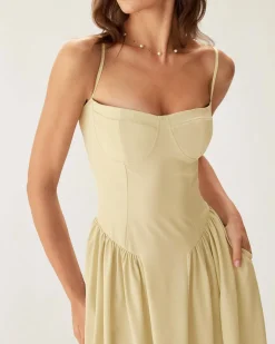 Yellow Square Neck Pocket Slip Midi Dress