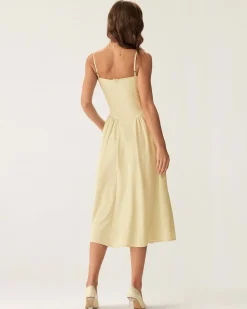 Yellow Square Neck Pocket Slip Midi Dress