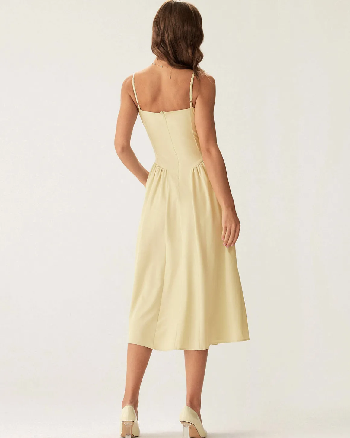Yellow Square Neck Pocket Slip Midi Dress