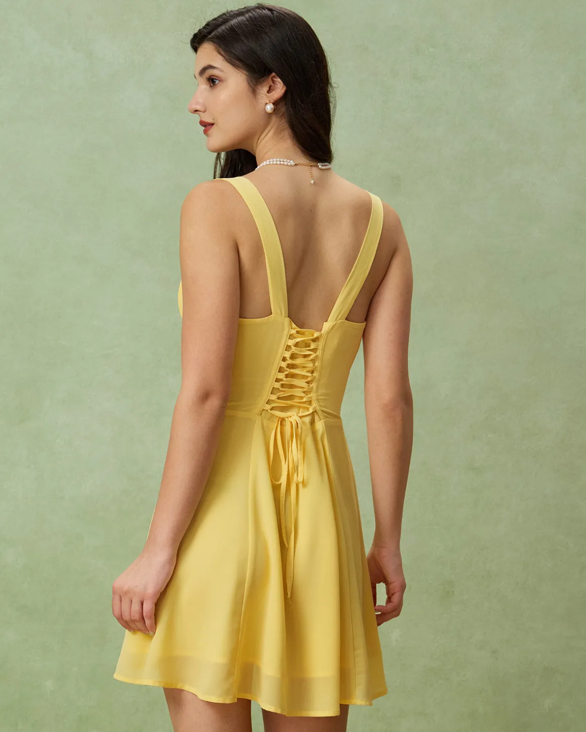 Yellow Square Neck Ruched Mini Dress