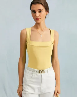 Yellow Square Neck Ruched Tank Top