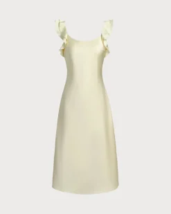 Yellow Square Neck Ruffle Satin Midi Dress