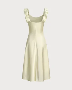 Yellow Square Neck Ruffle Satin Midi Dress