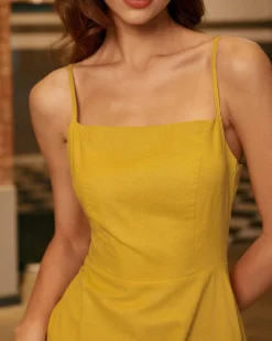 Yellow Square Neck Shirred Slip Midi Dress