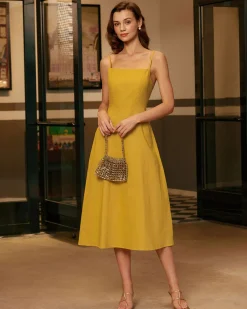 Yellow Square Neck Shirred Slip Midi Dress