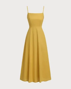 Yellow Square Neck Shirred Slip Midi Dress