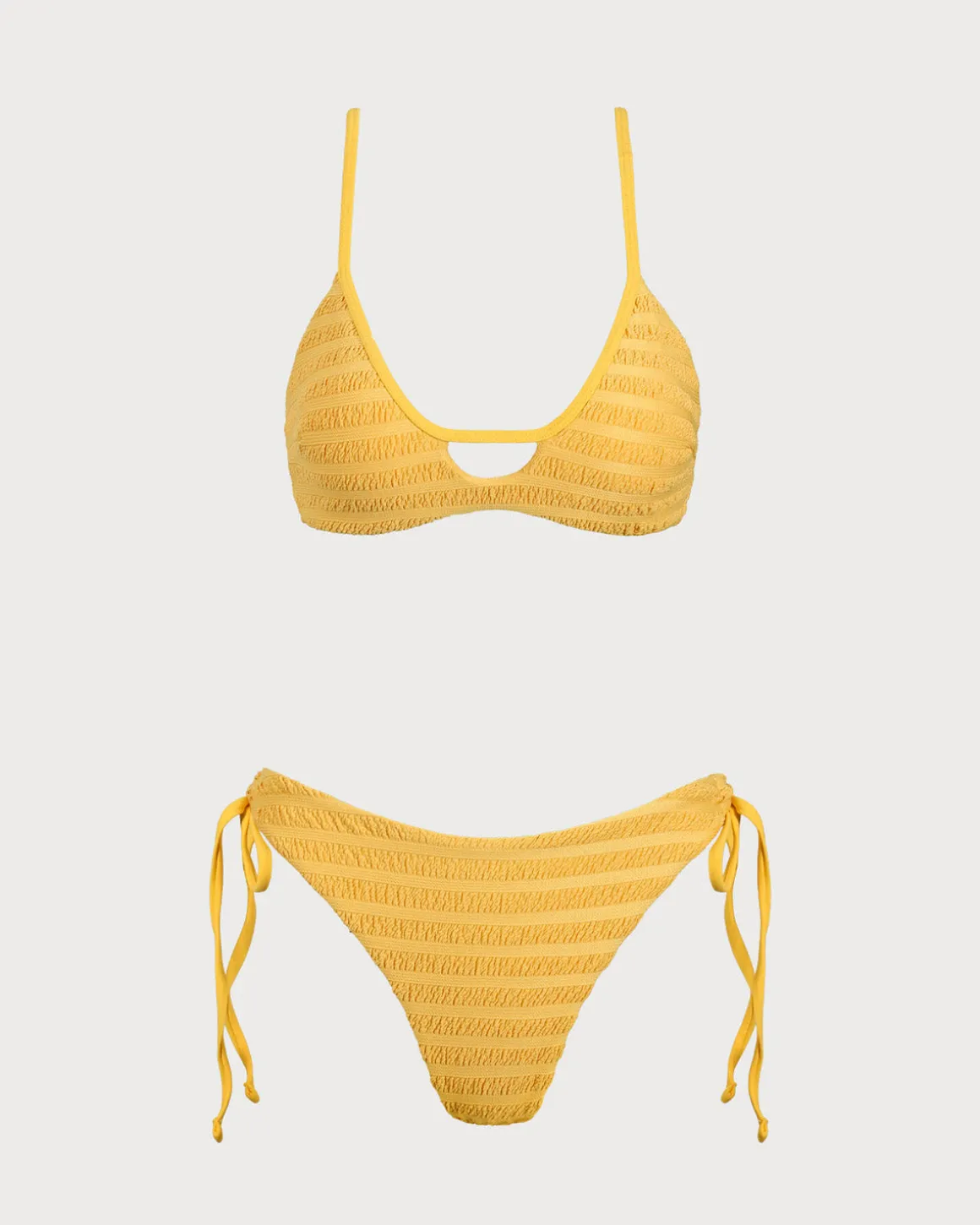 Yellow Textured Ruched Cutout Bikini Set