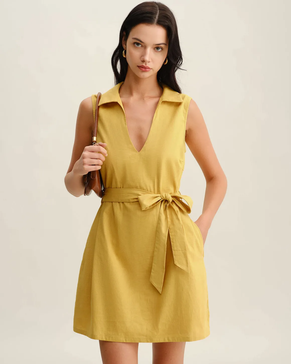 Yellow Tie Waist Sleeveless Mini Dress