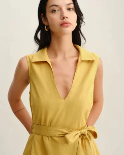 Yellow Tie Waist Sleeveless Mini Dress